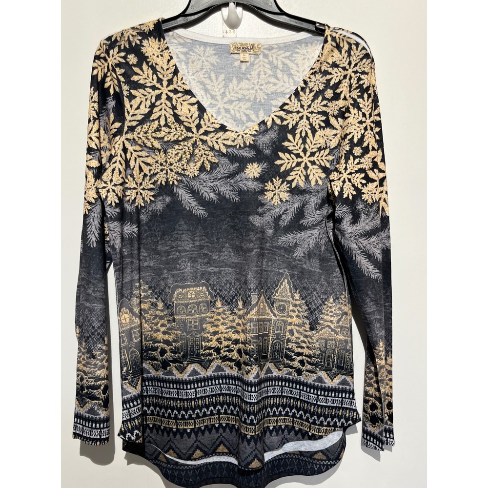 One World‎ Women Black Gold Snowflake Holiday Village Embellished V-Neck Top M